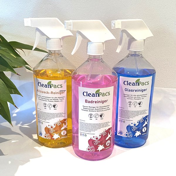 Cleanpacs nachhaltige Reiniger - Starter-Kit: Glasreiniger, Badreiniger und Citrus Allesreiniger